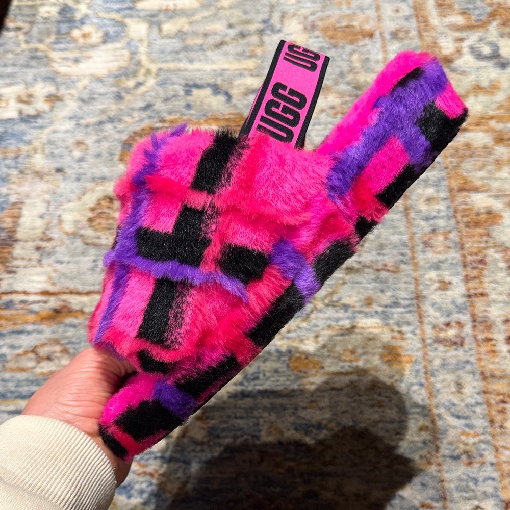 UGG Vibrant Pink and Black Fuzzy Slippers